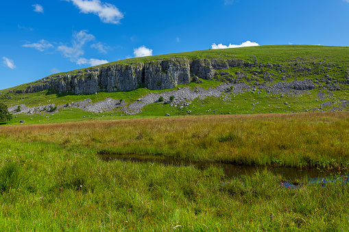 Limestone cliff face close to Malham Tarn in the southern area of the Yorkshire Dales National Park in England.