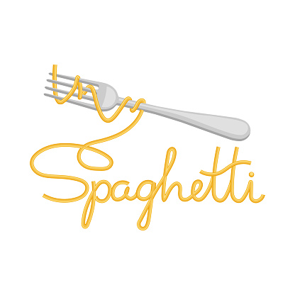 Lettering Spaghetti and fork with spaghetti on a white background. Food logo, restaurant menu. Vector