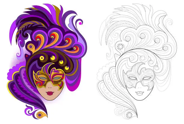 Vector illustration of Fantasy portrait of witch in carnival mask. Colorful and black and white page for coloring book. Worksheet for children and adults. Vector cartoon image.