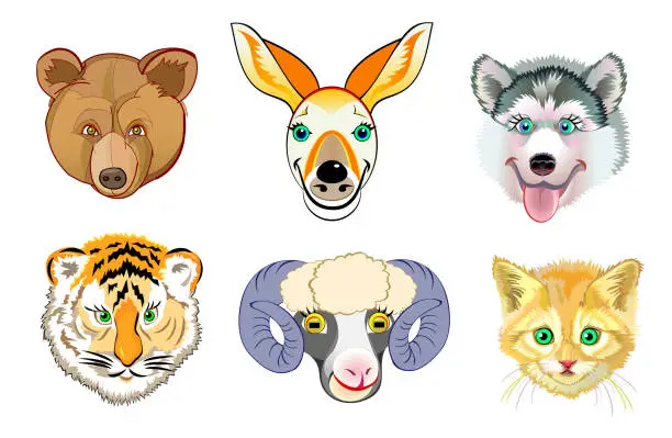 Vector illustration of Set of different cute animals heads on white background. Print for children school textbook. Vector cartoon image.
