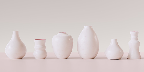 Ceramic vases set in a row background. 3d rendering concept of handmade pottery craft business
