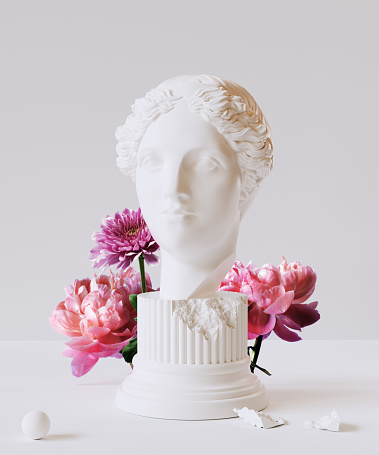 Sculpture of a woman's head surrounded by beautiful pink flowers, 3d rendering female bust of Greek statue  and peony. Springtime concept