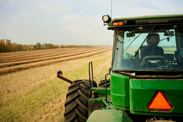 Rear view of farmer driving tractor on agricultural farm field