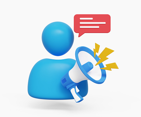 3D promotion icon. E-commerce, business marketing, sales, advertising, target audience concept. 3D user with megaphone and speech bubble. 3d illustration