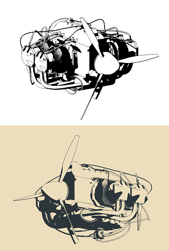 Stylized vector illustrations of a horizontally opposed aircraft engine