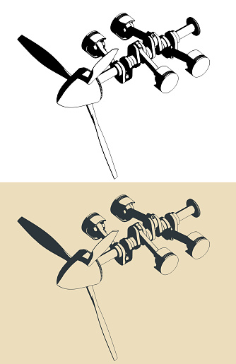 Stylized vector illustration of crankshaft and pistons of airplane horizontally opposed engine