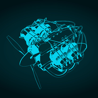 Stylized vector illustration of blueprint of a horizontally opposed aircraft engine