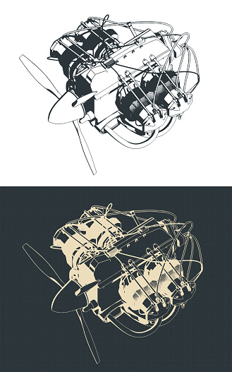 Stylized vector illustration of blueprints of a horizontally opposed aircraft engine