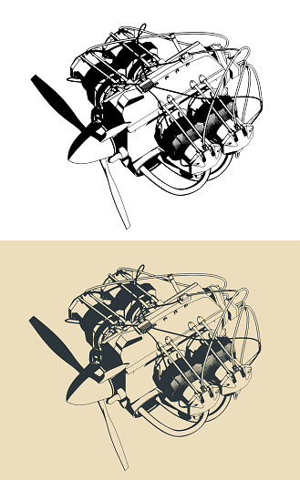 Stylized vector illustrations of a horizontally opposed aircraft engine