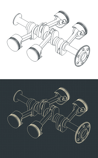 Stylized vector illustration of crankshaft and pistons of horizontally opposed engine blueprints