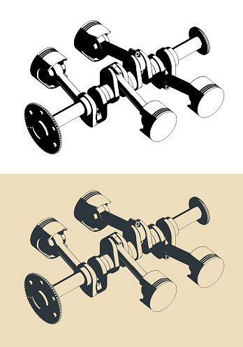 Stylized vector illustration of crankshaft and pistons of horizontally opposed engine