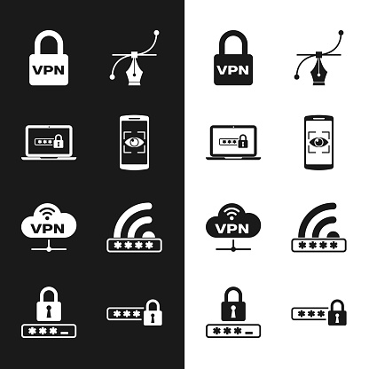 Set Mobile and eye scan Laptop with password Lock VPN Bezier curve Network cloud connection and Wifi locked icon. Vector.