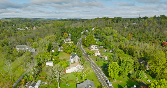 Aerial view of Green Lane, a small borough in Montgomery County, Pennsylvania, on an overcast day in Fall.