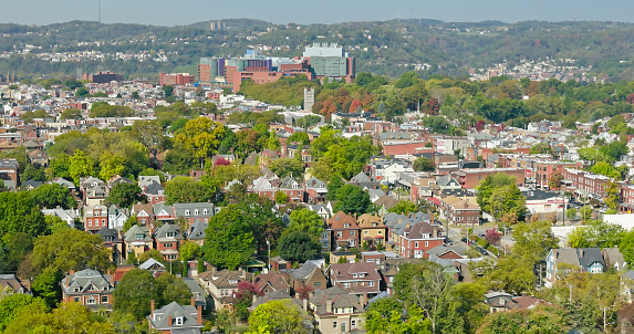 Aerial shot of Friendship, a neighborhood in the East End of Pittsburgh, Pennsylvania, on a sunny morning in Fall.