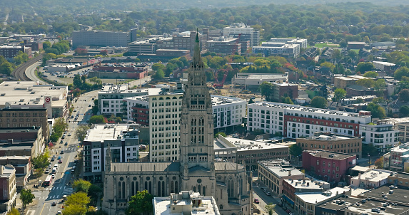 Aerial shot of East Liberty Presbyterian Church in Pittsburgh, Pennsylvania on a sunny morning in Fall.