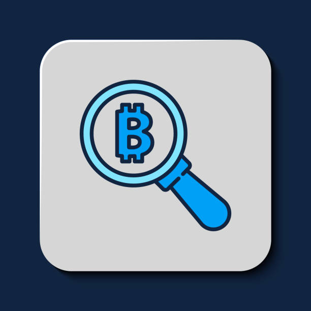 istock Filled outline Magnifying glass with Bitcoin icon isolated on blue background. Physical bit coin. Blockchain based secure crypto currency. Vector 1895381987