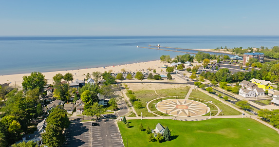 Aerial shot of St. Joseph, a city on the shores of Lake Michigan in southwest Michigan, on a clear day in Fall.\n\nAuthorization was obtained from the FAA for this operation in restricted airspace.