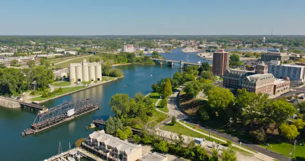 Photo of Drone View of St. Joseph River Wing Bridge on a Clear, Sunny Day in Michigan