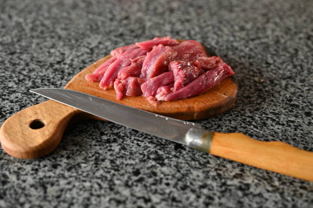 sliced veal strips, beef goulash, red beef meat sliced for cooking - veal piccata imagens e fotografias de stock