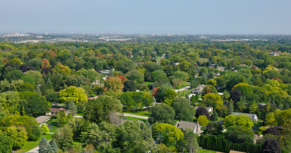 Aerial shot of Brookfield, a city located in Waukesha County, Wisconsin, on a clear day in Fall.