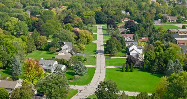 Photo of Aerial Shot of Residential Street in Wisconsin on a Clear Day in Fall