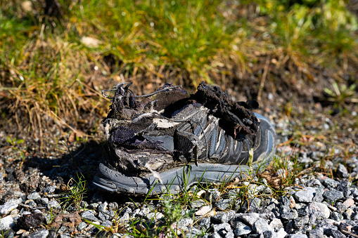 Almost inrecognizable damaged shoe by the side of a road.