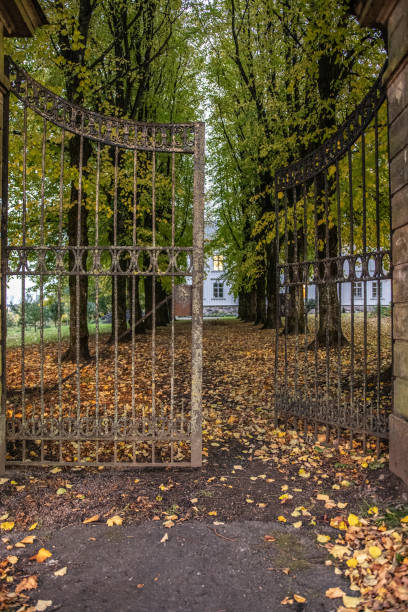 istock Halfway open rusty old gate by an estate.. 1895423823