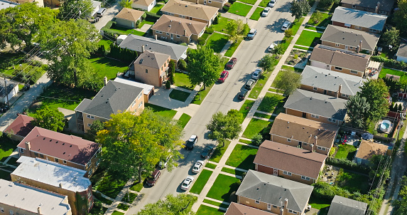 Aerial still of Skokie, a village in Cook County, Illinois, on a clear day in Fall.