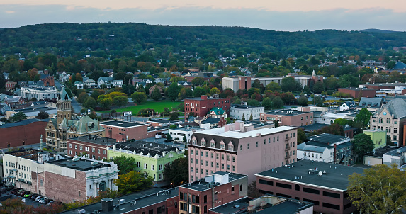 Aerial establishing shot of Williamsport in Lycoming County, Pennsylvania on a Fall evening. Authorization was obtained from the FAA for this operation in restricted airspace.