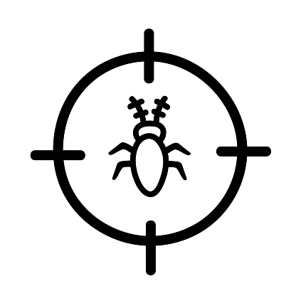 Vector illustration of a hand drawn black and white cockroach in the middle of crosshairs against a white background.