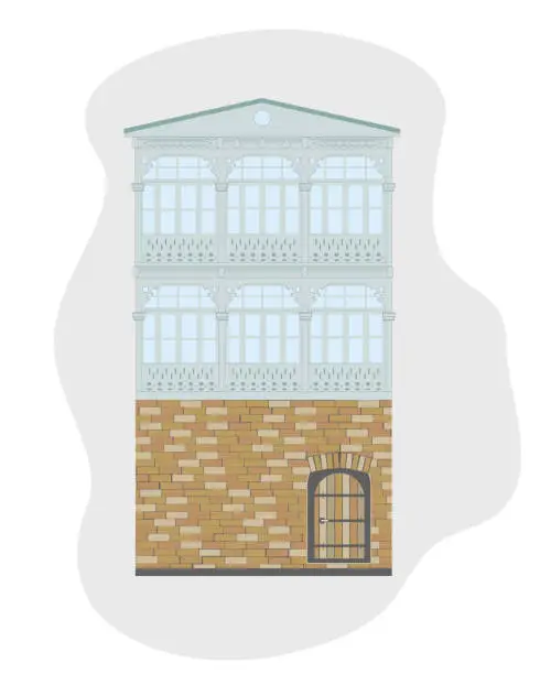 Vector illustration of Front side of old house, balcony in oriental style.