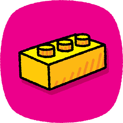 Vector illustration of a hand drawn yellow toy brick against a pink background with textured effect.