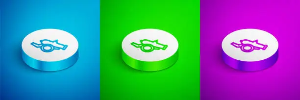 Vector illustration of Isometric line Cannon icon isolated on blue, green and purple background. White circle button. Vector