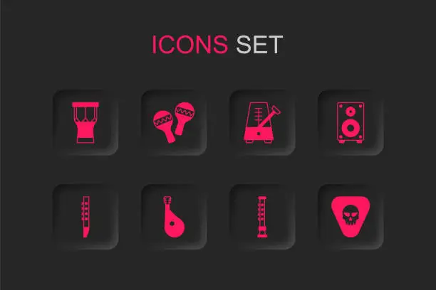 Vector illustration of Set Bandura, Maracas, African percussion drum, Flute, Stereo speaker, Guitar pick, Metronome with pendulum and icon. Vector