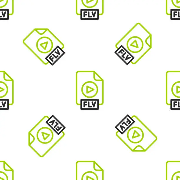Vector illustration of Line FLV file document video file format. Download flv button icon isolated seamless pattern on white background. FLV file symbol. Vector