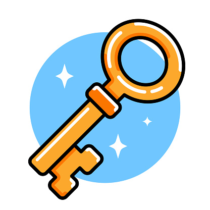 Vector illustration of an old-fashioned key against a blue background in line art style.