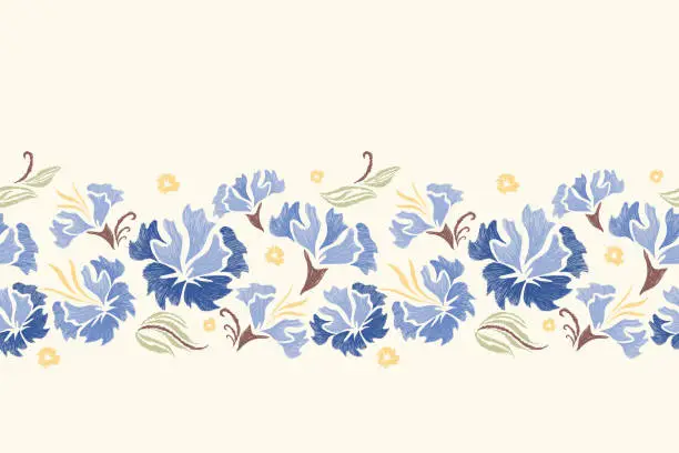 Vector illustration of Ikat floral pattern abstract blue flower embroidery on white background. Flower motif seamless Ikat pattern design. Vector illustration.