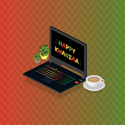 Isometric laptop computer illustration with Happy Kwanzaa text on screen.