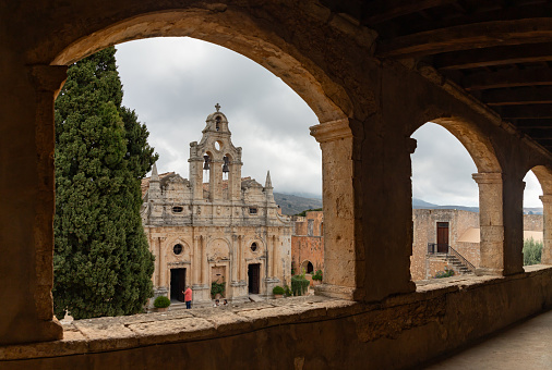 A picture of the Arkadi Monastery as seen from its arcades.