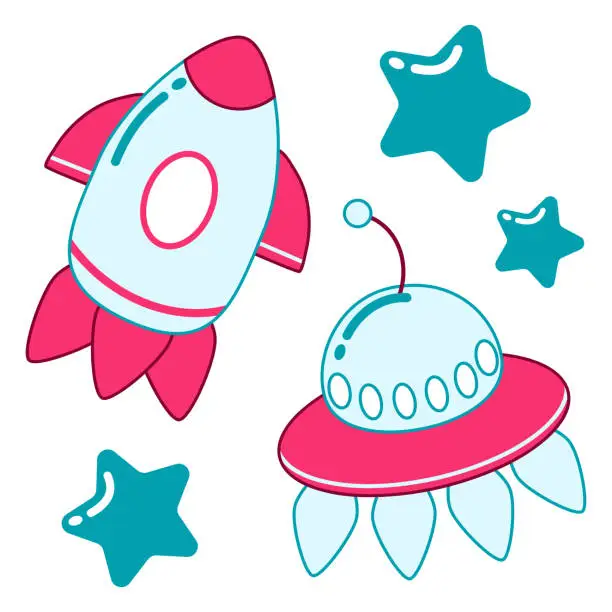 Vector illustration of Two spaceships and three stars on a white background.