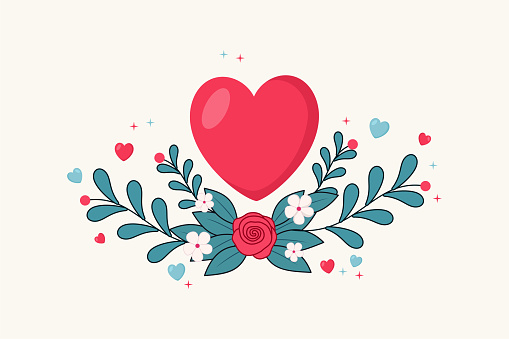 Valentine's day background with hearts ,flowers, and leaves, valentines day theme design, copy space text, illustration vector