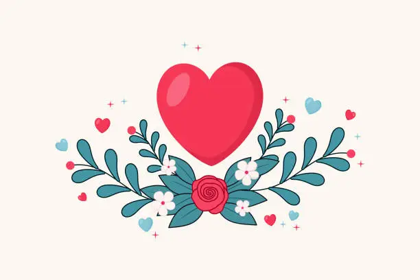 Vector illustration of Valentine's day background with hearts ,flowers, and leaves, valentines day theme design, copy space text, illustration vector