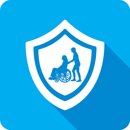 Vector illustration of a shield with young woman pushing an old woman in a wheelchair  against a blue background in flat style.