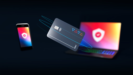 Cash card and high end mobile phone and notebook for secure online banking, money transfers and remittances - 3d illustration