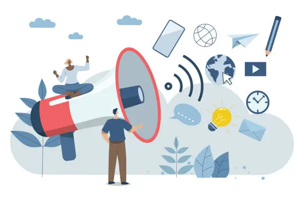 Vector illustration of Promoting communication with customers, Sending important messages, Marketing activities with social media campaigns, Business marketing media. Advertising teams, or announcements with a megaphone.