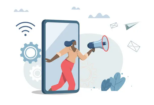 Vector illustration of Promoting communication with customers, Sending important messages, Marketing activities with social media campaigns. Businesswoman advertising or announcement with megaphone from smart phone.