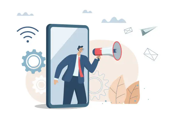 Vector illustration of Promoting communication with customers, Sending important messages, Marketing activities with social media campaigns. Businessman advertising or announcement with megaphone from smart phone.