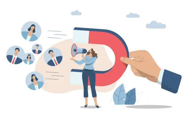 Vector illustration of Communication or message, Marketing materials find new customers and campaigns that attract new customers, Businesswoman advertises or announces with a megaphone and a big hand holding a magnet.