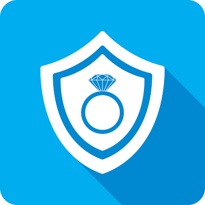 Vector illustration of a shield with wedding ring icon against a blue background in flat style.