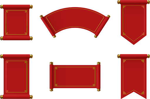 red and gold chinese scrolls. set of isolated red parchments with gold decorations vector